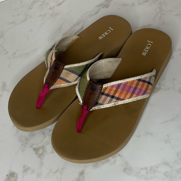 J. CREW Wedge Flip flops madras plaid